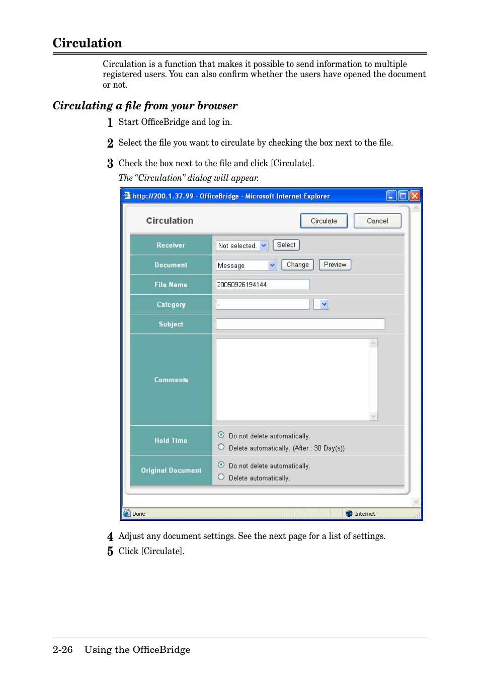 Circulation, Circulation -26, Circulating a ﬁle from your browser | Muratec MFX-2030 User Manual | Page 53 / 189
