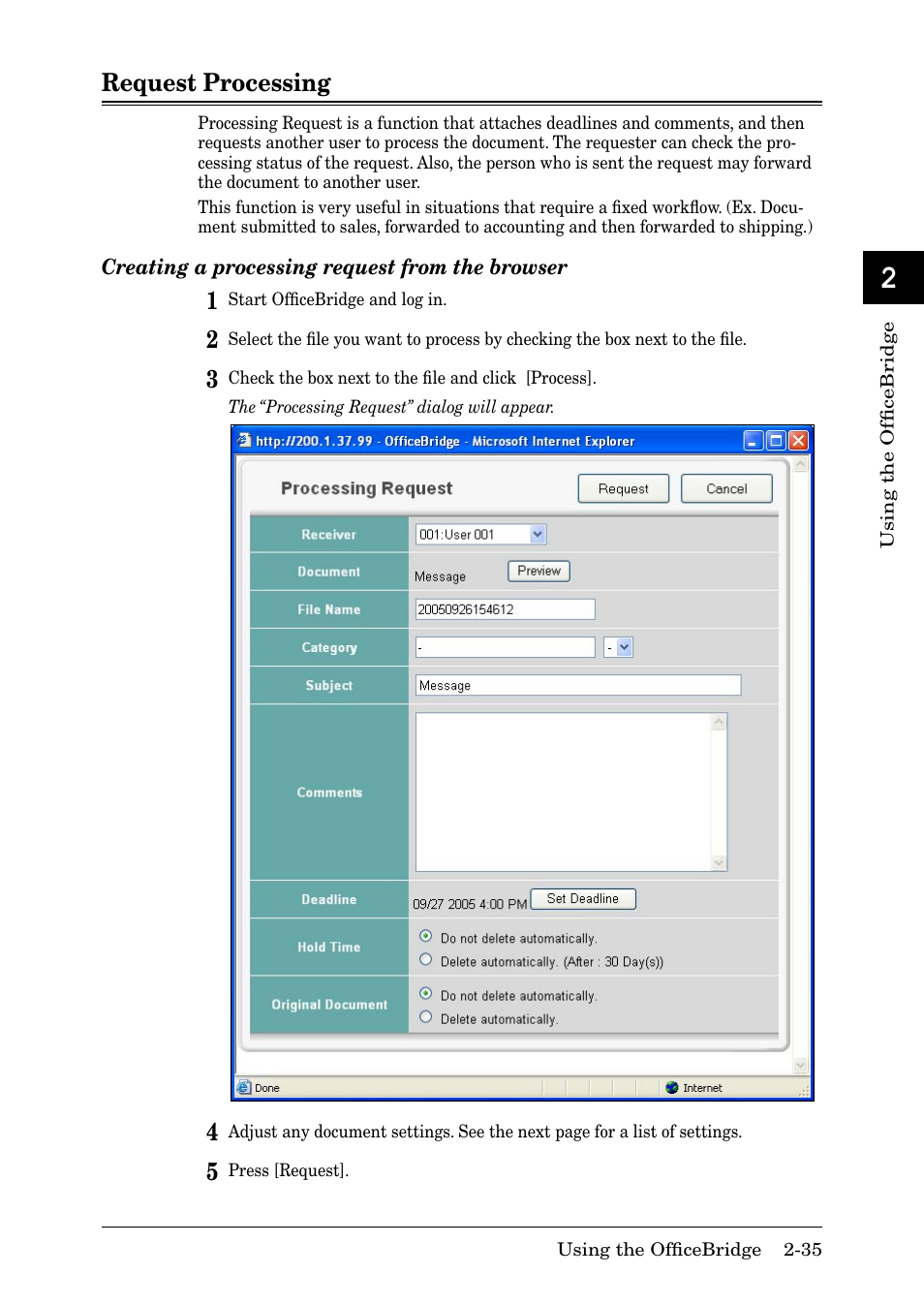 Request processing, Request processing -35, Creating a processing request from the browser | Request processing -34, 13 ai | Muratec MFX-2030 User Manual | Page 62 / 189