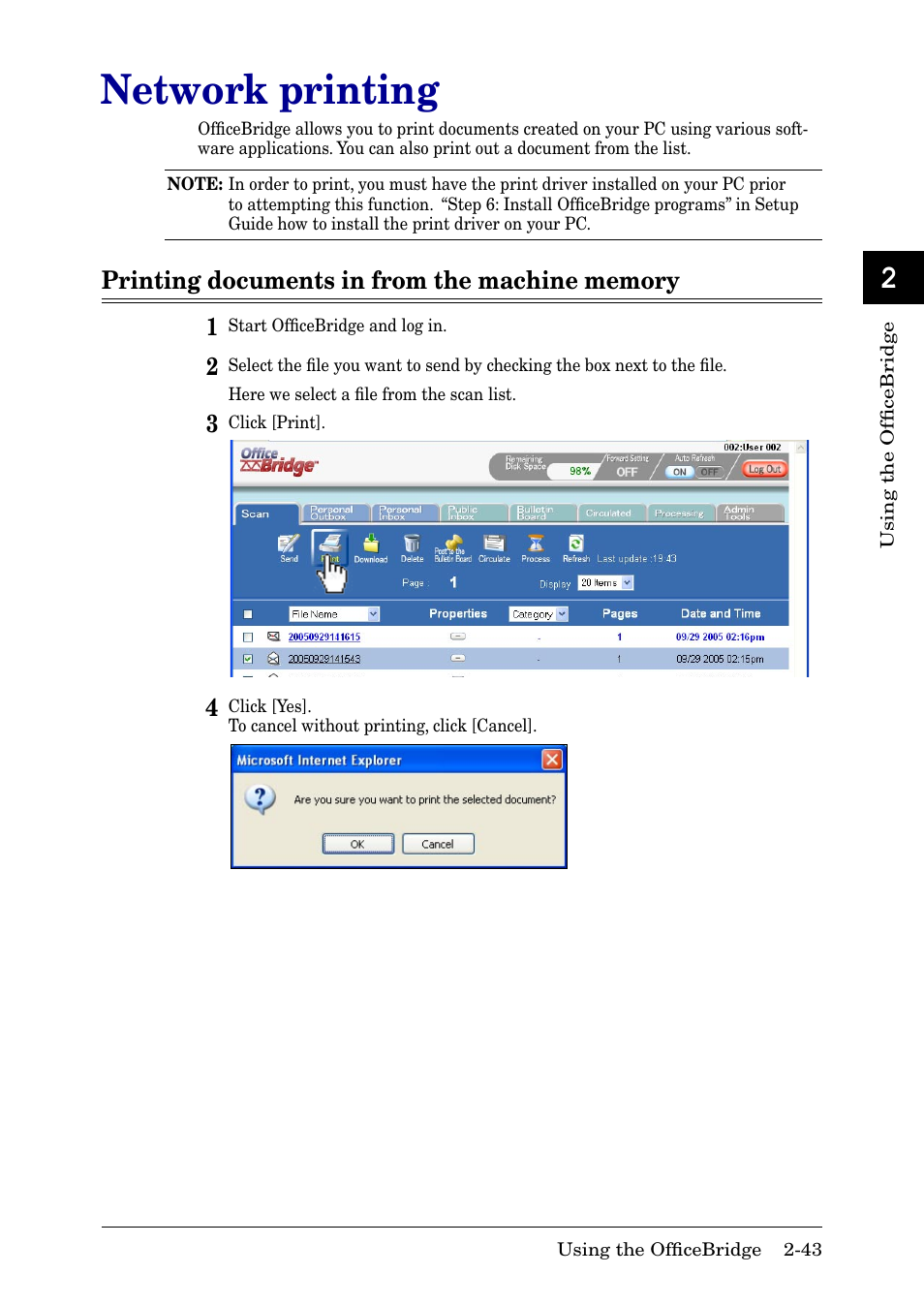 Network printing, Printing documents in from the machine memory, Network printing -43 | Printing documents in from the machine memory -43, Printing documents in the machine memory, 13 ai | Muratec MFX-2030 User Manual | Page 70 / 189