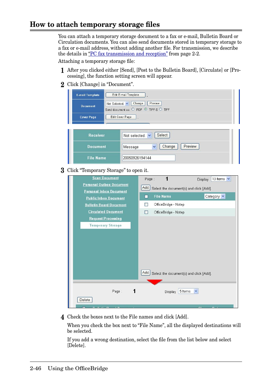 How to attach temporary storage files, How to attach temporary storage ﬁles -46, How to attach temporary storage ﬁles | Muratec MFX-2030 User Manual | Page 73 / 189