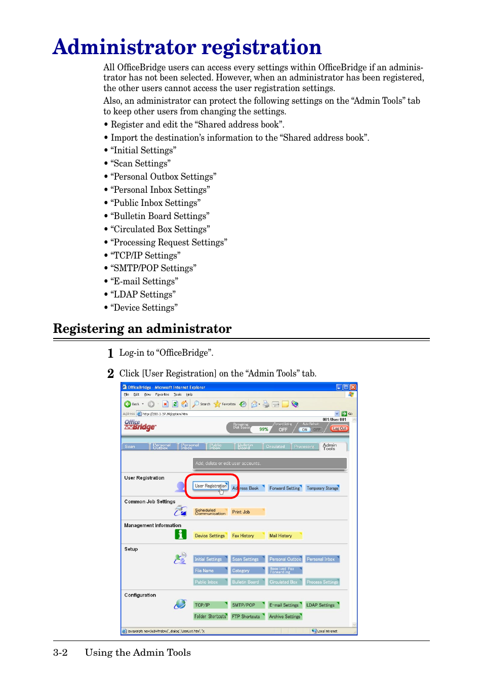 Administrator registration, Registering an administrator, Administrator registration -2 | Registering an administrator -2 | Muratec MFX-2030 User Manual | Page 76 / 189