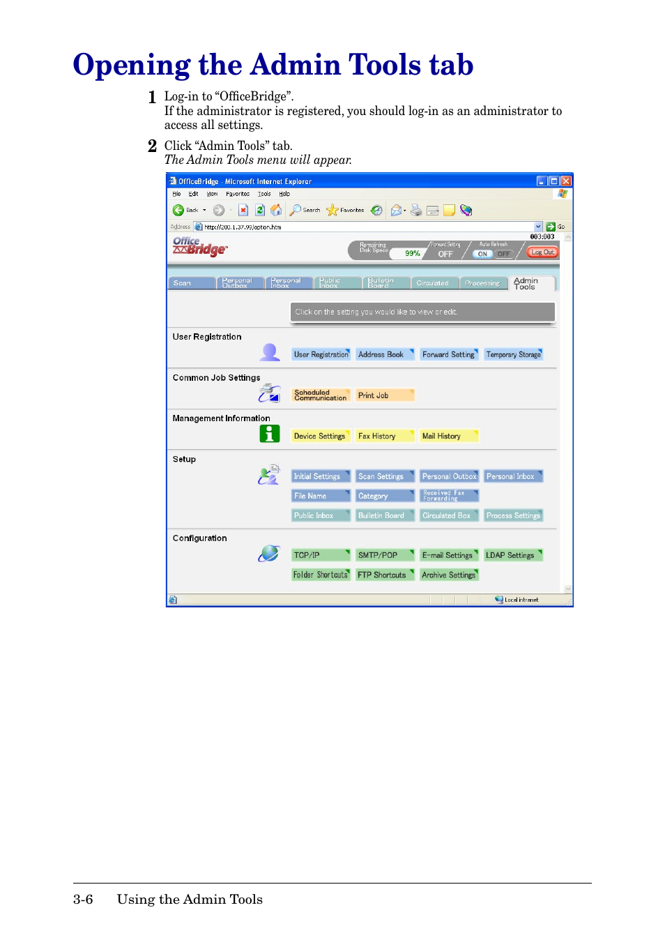 Opening the admin tools tab, Opening the admin tools tab -6 | Muratec MFX-2030 User Manual | Page 80 / 189