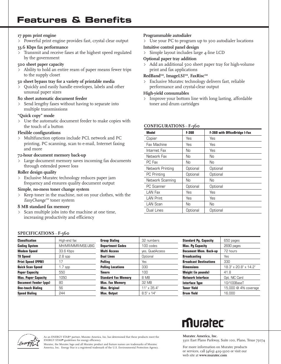 Features & benefits | Muratec F-360 User Manual | Page 2 / 2