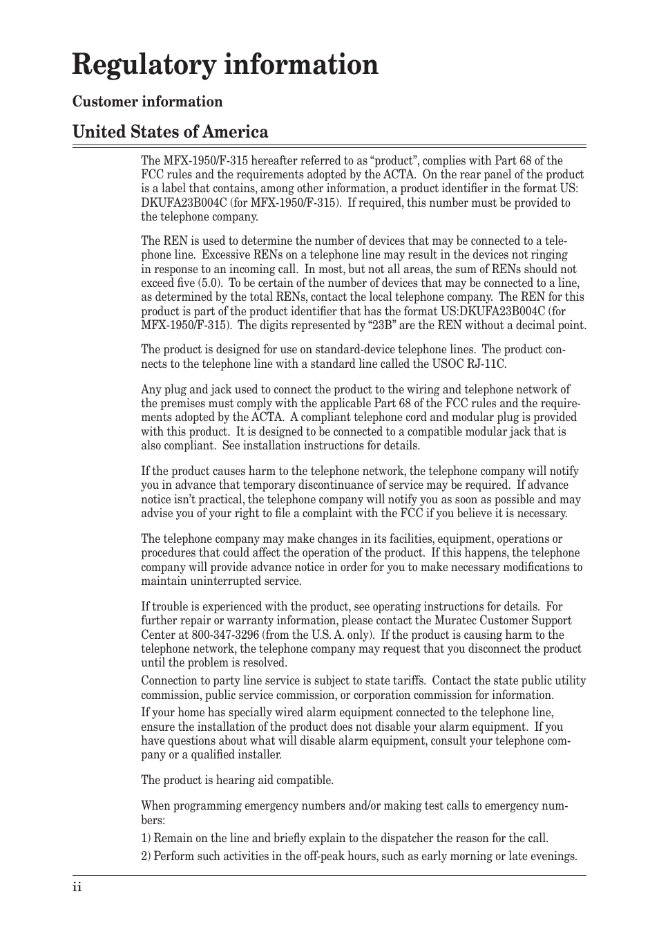 Regulatory information, United states of america | Muratec MFX-1950 User Manual | Page 10 / 198