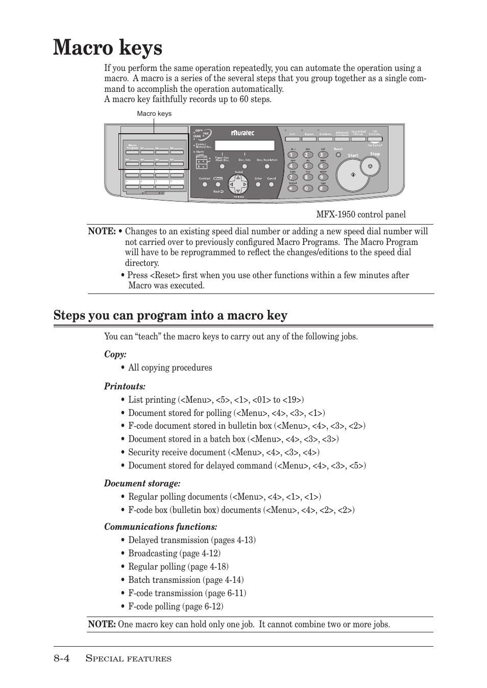 Macro keys, Steps you can program into a macro key, Macro keys -4 | Steps you can program into a macro key -4 | Muratec MFX-1950 User Manual | Page 132 / 198