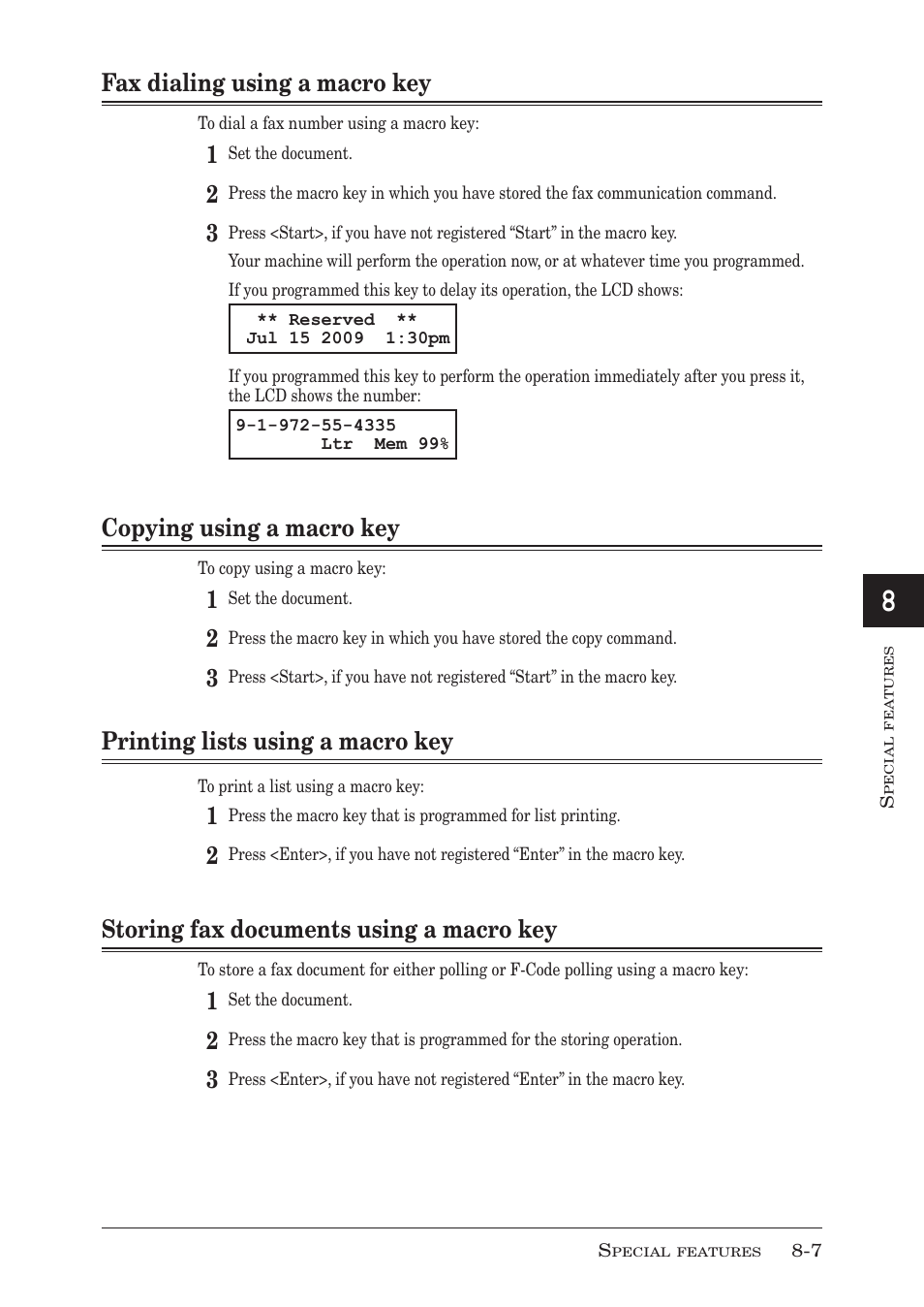 Fax dialing using a macro key, Copying using a macro key, Printing lists using a macro key | Storing fax documents using a macro key, Fax dialing using a macro key -7, Copying using a macro key -7, Printing lists using a macro key -7, Storing fax documents using a macro key -7 | Muratec MFX-1950 User Manual | Page 135 / 198