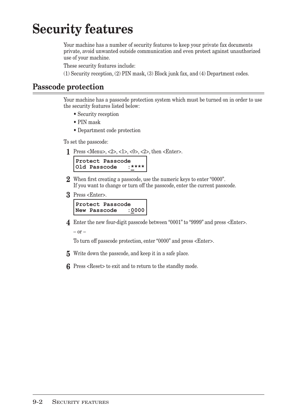 Security features, Passcode protection, Security features -2 | Passcode protection -2 | Muratec MFX-1950 User Manual | Page 138 / 198
