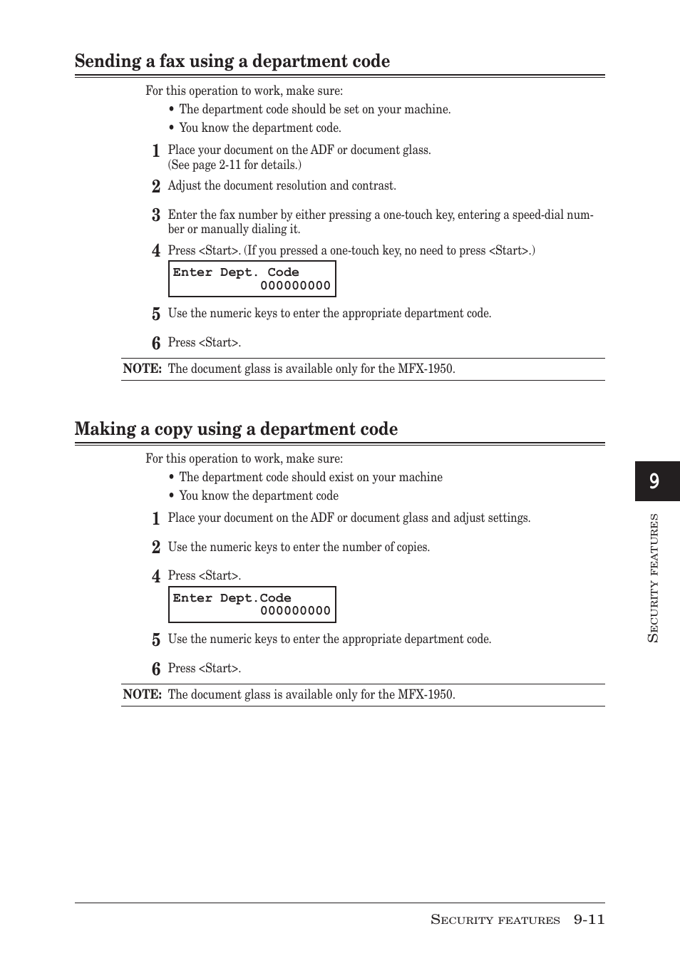 Sending a fax using a department code, Making a copy using a department code, Sending a fax using a department code -11 | Making a copy using a department code -11 | Muratec MFX-1950 User Manual | Page 147 / 198