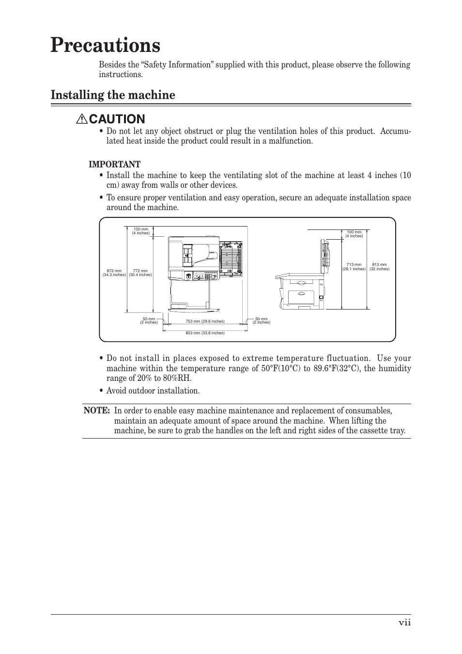 Precautions, Installing the machine | Muratec MFX-1950 User Manual | Page 15 / 198