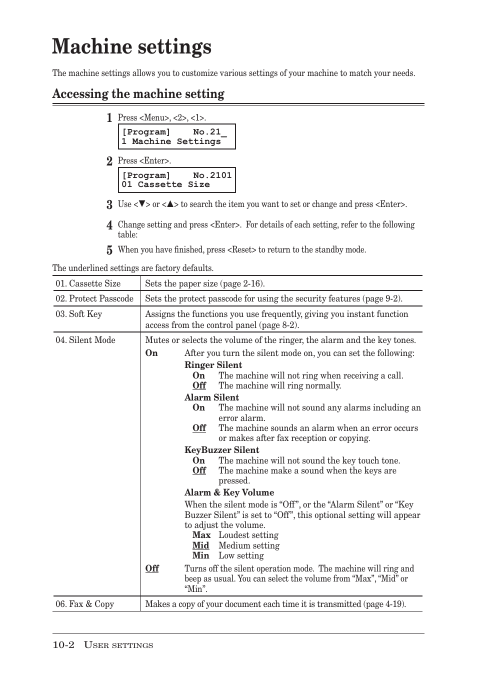 Machine settings, Accessing the machine setting, Machine settings -2 | Accessing the machine setting -2, Accessing the machine setting 1 | Muratec MFX-1950 User Manual | Page 152 / 198