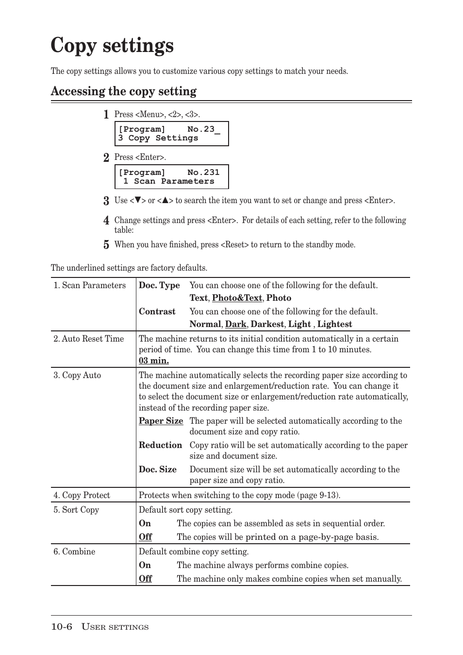 Copy settings, Accessing the copy setting, Copy settings -6 | Accessing the copy setting -6, Accessing the copy setting 1 | Muratec MFX-1950 User Manual | Page 156 / 198