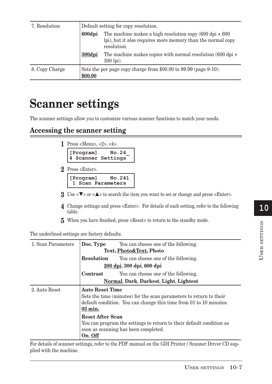 Scanner settings, Accessing the scanner setting, Scanner settings -7 | Accessing the scanner setting -7, Accessing the scanner setting 1 | Muratec MFX-1950 User Manual | Page 157 / 198