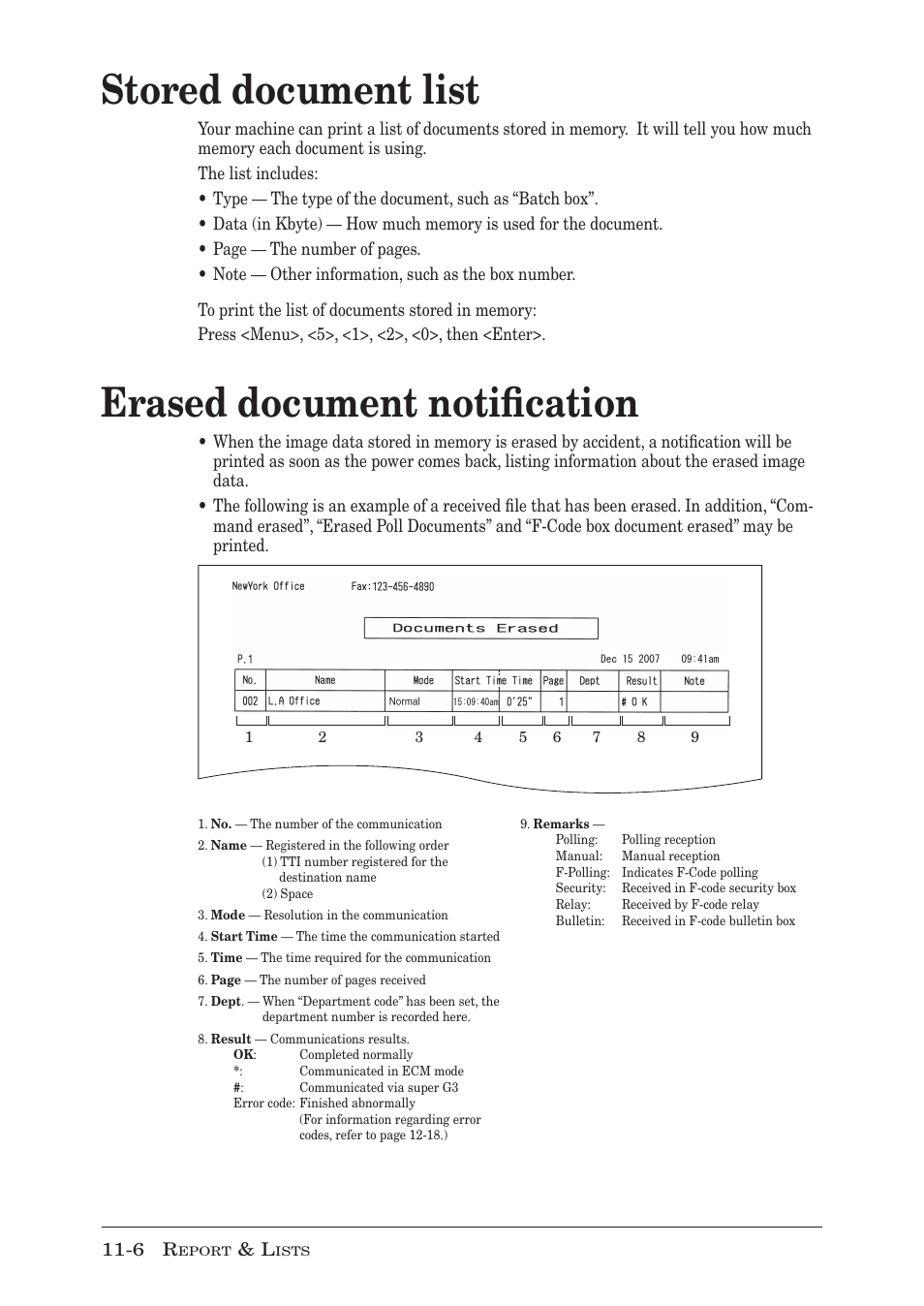 Stored document list, Erased document notification, Stored document list -6 | Erased document notification -6 | Muratec MFX-1950 User Manual | Page 164 / 198
