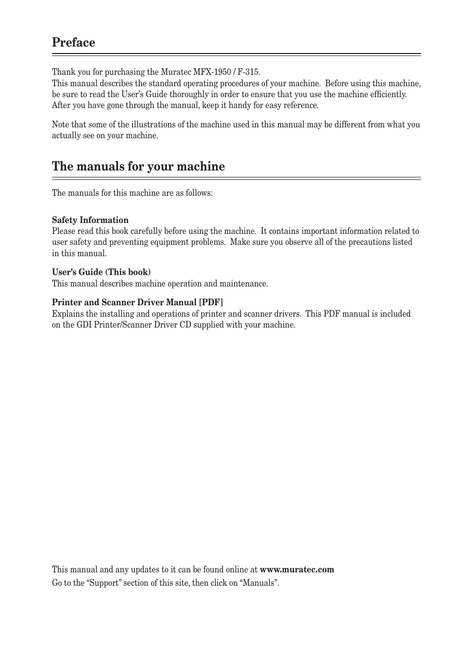 Preface, The manuals for your machine | Muratec MFX-1950 User Manual | Page 2 / 198
