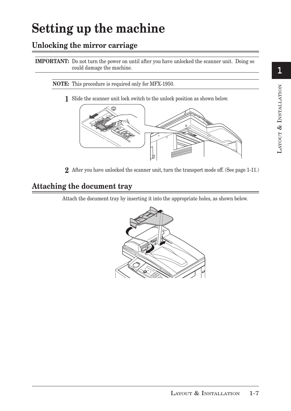 Setting up the machine, Unlocking the mirror carriage, Attaching the document tray | Setting up the machine -7, Unlocking the mirror carriage -7, Attaching the document tray -7 | Muratec MFX-1950 User Manual | Page 27 / 198