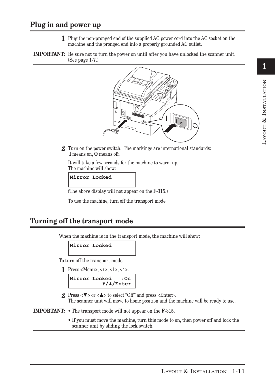 Plug in and power up, Turning off the transport mode, Plug in and power up -11 | Turning off the transport mode -11, Plug in and power up 1 | Muratec MFX-1950 User Manual | Page 31 / 198