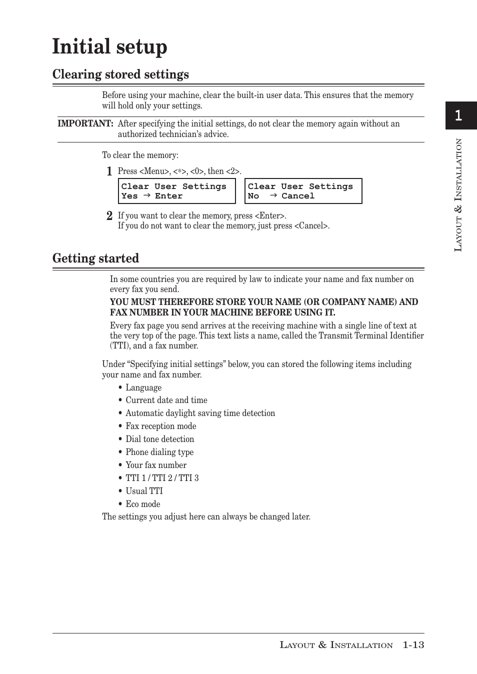 Initial setup, Clearing stored settings, Getting started | Initial setup -13, Clearing stored settings -13, Getting started -13, Clearing stored settings -13 getting started -13 | Muratec MFX-1950 User Manual | Page 33 / 198