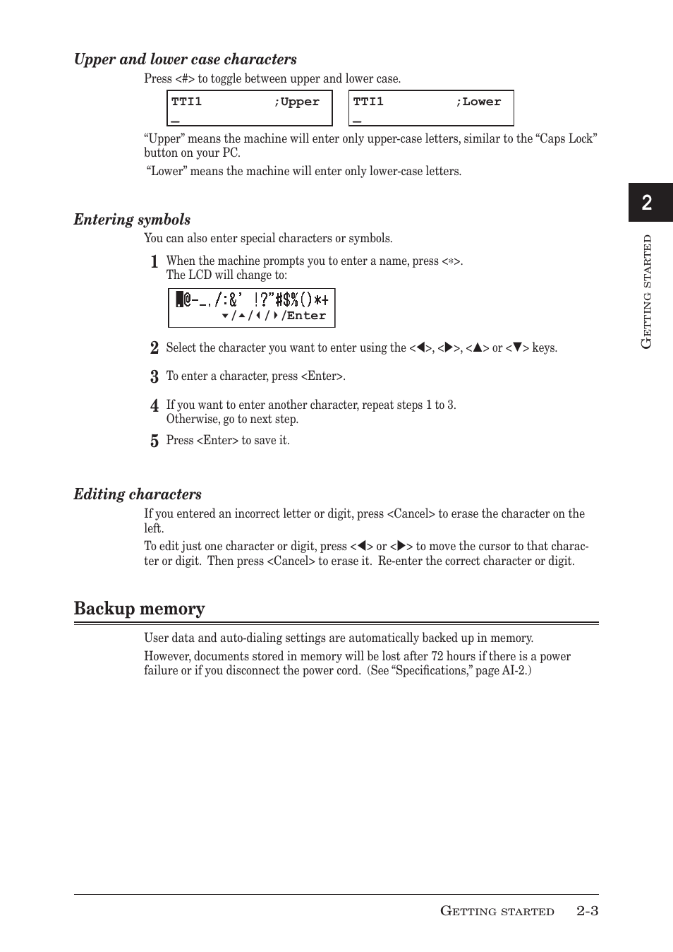 Backup memory, Backup memory -3, Upper and lower case characters | Entering symbols, Editing characters | Muratec MFX-1950 User Manual | Page 41 / 198