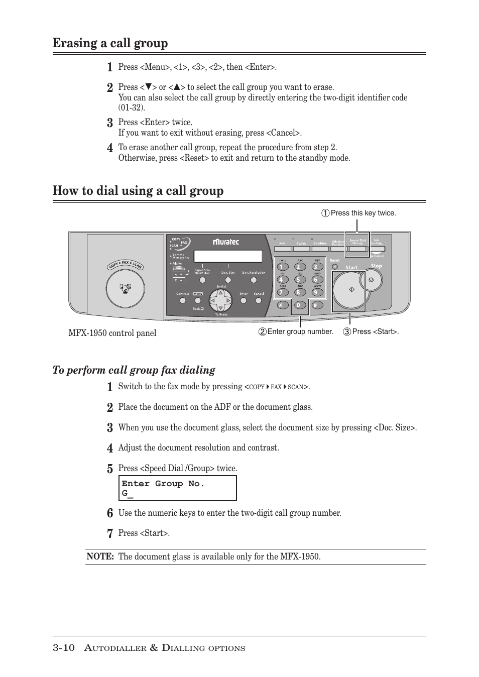 Erasing a call group, How to dial using a call group, Erasing a call group -10 | How to dial using a call group -10, Erasing a call group 1 | Muratec MFX-1950 User Manual | Page 64 / 198