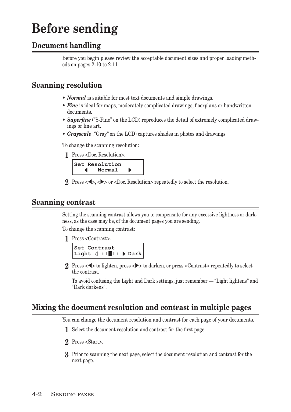 Before sending, Document handling, Scanning resolution | Scanning contrast, Before sending -2, Document handling -2, Scanning resolution -2, Scanning contrast -2 | Muratec MFX-1950 User Manual | Page 68 / 198