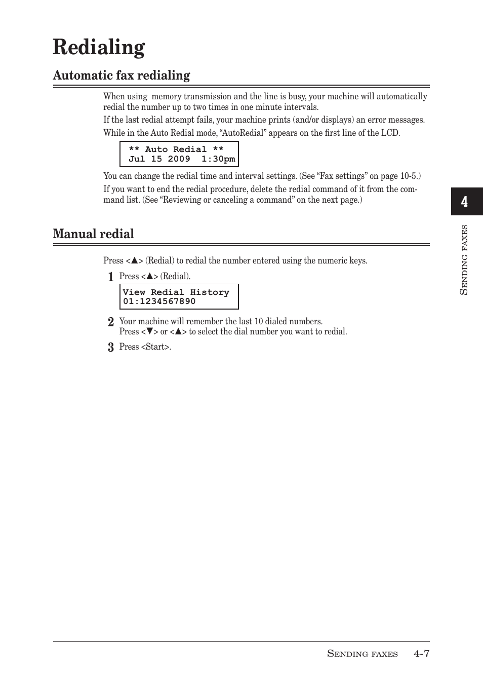 Redialing, Automatic fax redialing, Manual redial | Redialing -7, Automatic fax redialing -7, Manual redial -7, Automatic fax redialing -7 manual redial -7 | Muratec MFX-1950 User Manual | Page 73 / 198