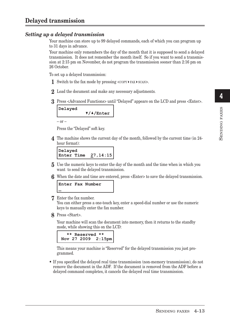 Delayed transmission, Delayed transmission -13, P. 4-13 | Setting up a delayed transmission | Muratec MFX-1950 User Manual | Page 79 / 198