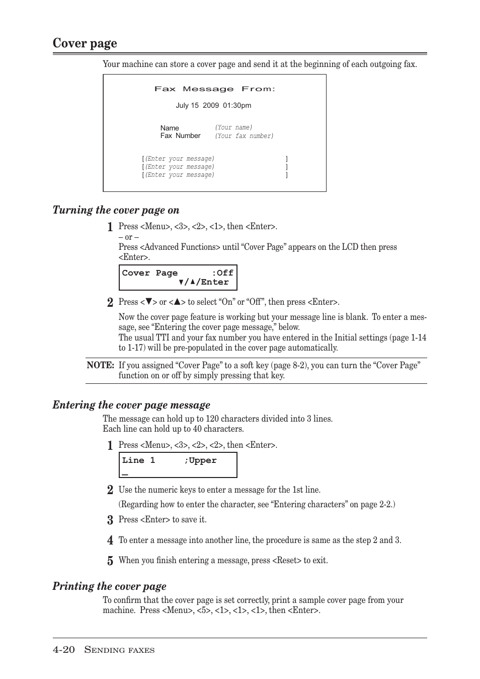 P. 4-20, Cover page, Turning the cover page on | Entering the cover page message, Printing the cover page | Muratec MFX-1950 User Manual | Page 86 / 198