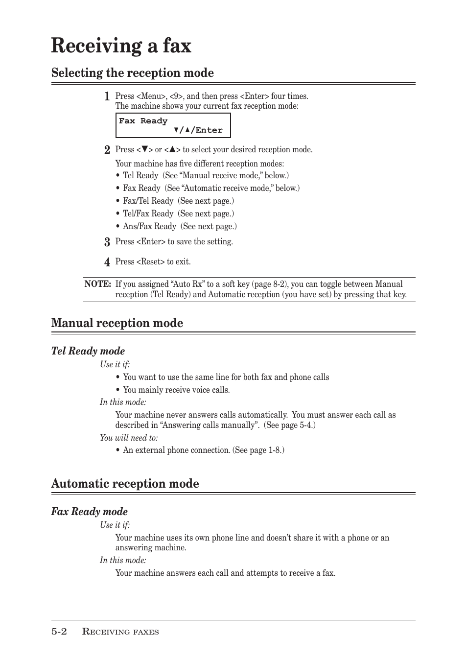Receiving a fax, Selecting the reception mode, Manual reception mode | Automatic reception mode, Receiving a fax -2, Selecting the reception mode -2, Manual reception mode -2, Automatic reception mode -2, P. 5-2, Selecting the reception mode 1 | Muratec MFX-1950 User Manual | Page 92 / 198
