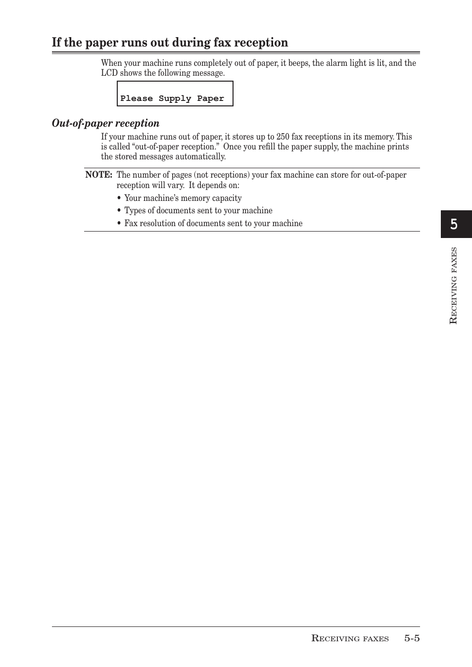 If the paper runs out during fax reception, If the paper runs out during fax reception -5, Out-of-paper reception | Muratec MFX-1950 User Manual | Page 95 / 198