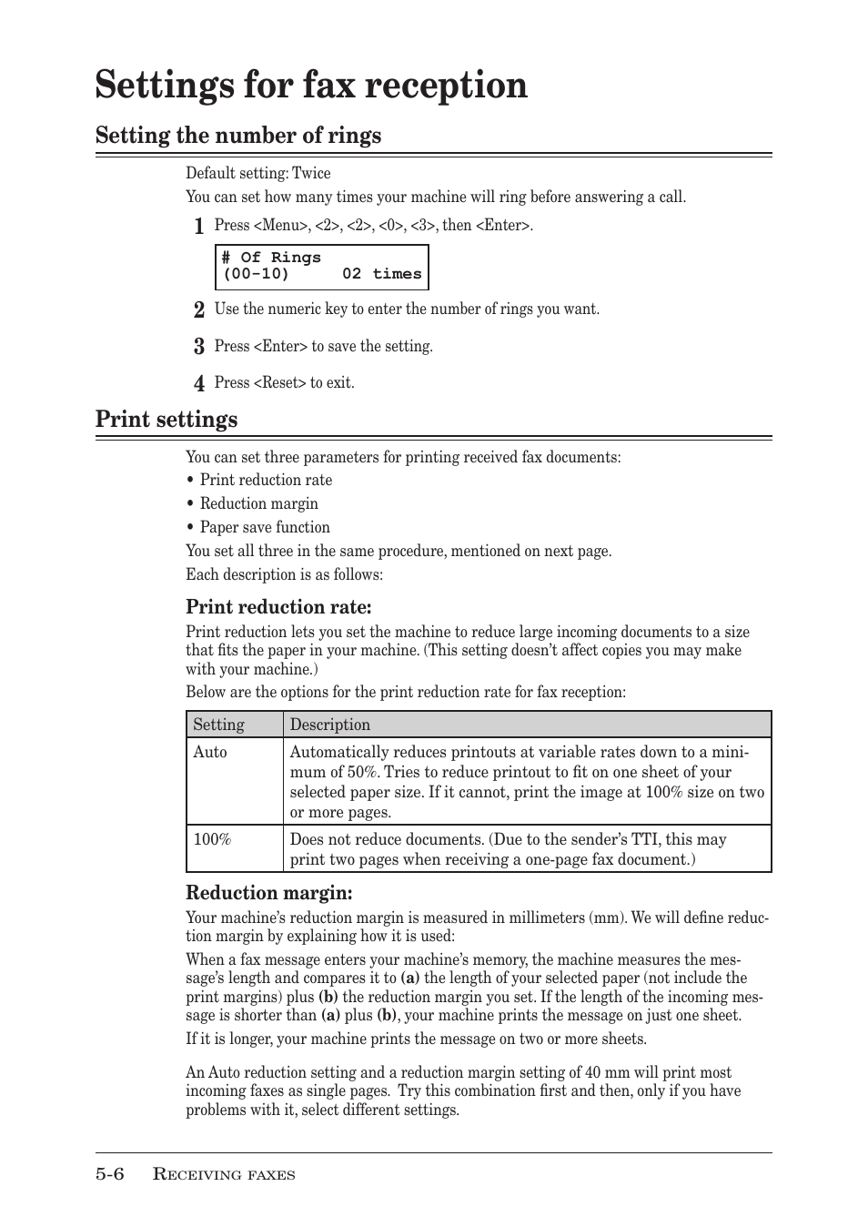 Settings for fax reception, Setting the number of rings, Print settings | Settings for fax reception -6, Setting the number of rings -6, Print settings -6, Setting the number of rings -6 print settings -6 | Muratec MFX-1950 User Manual | Page 96 / 198