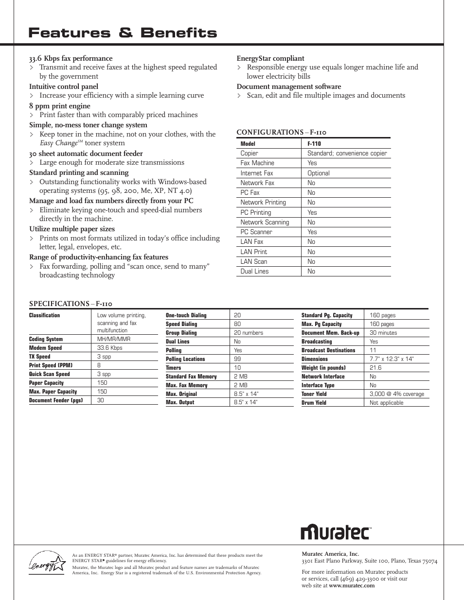 Features & benefits | Muratec f-110 User Manual | Page 2 / 2
