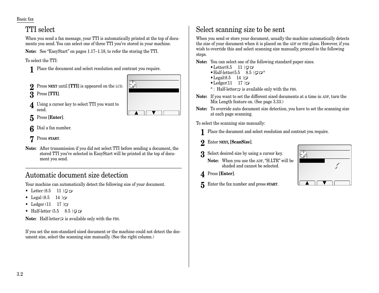 Tti select, Automatic document size detection, Select scanning size to be sent | Muratec Fax Machine User Manual | Page 54 / 187