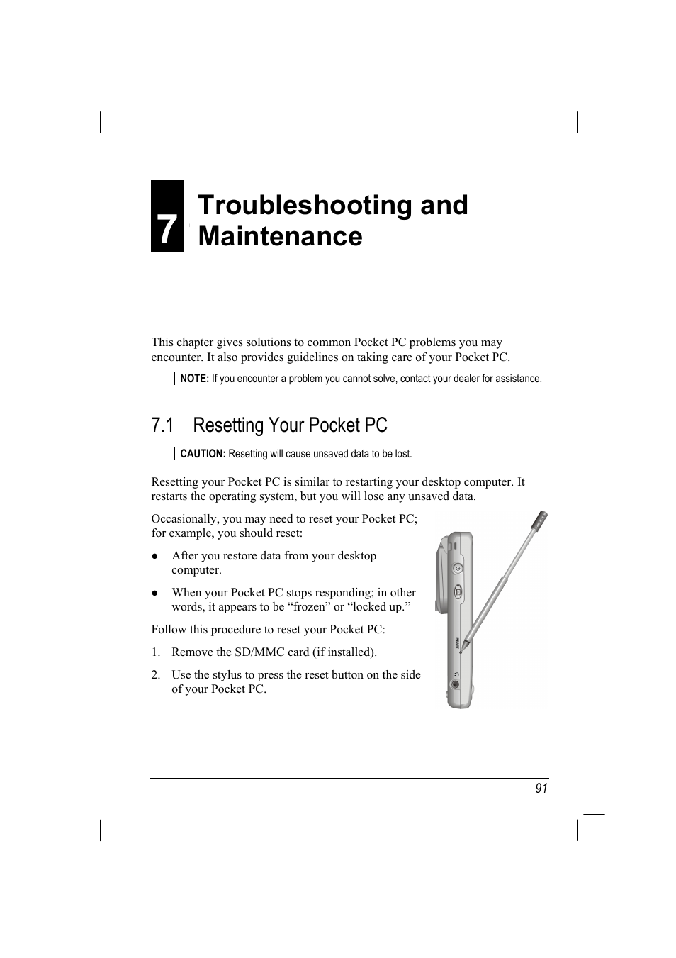 Troubleshooting and maintenance, Resetting your pocket pc, 7 troubleshooting and maintenance | 1 resetting your pocket pc | Mio 168 User Manual | Page 101 / 119