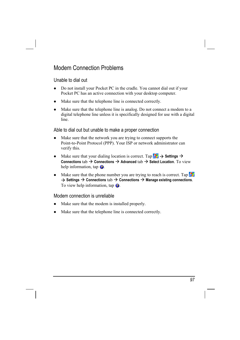 Modem connection problems, Unable to dial out, Modem connection is unreliable | Mio 168 User Manual | Page 107 / 119