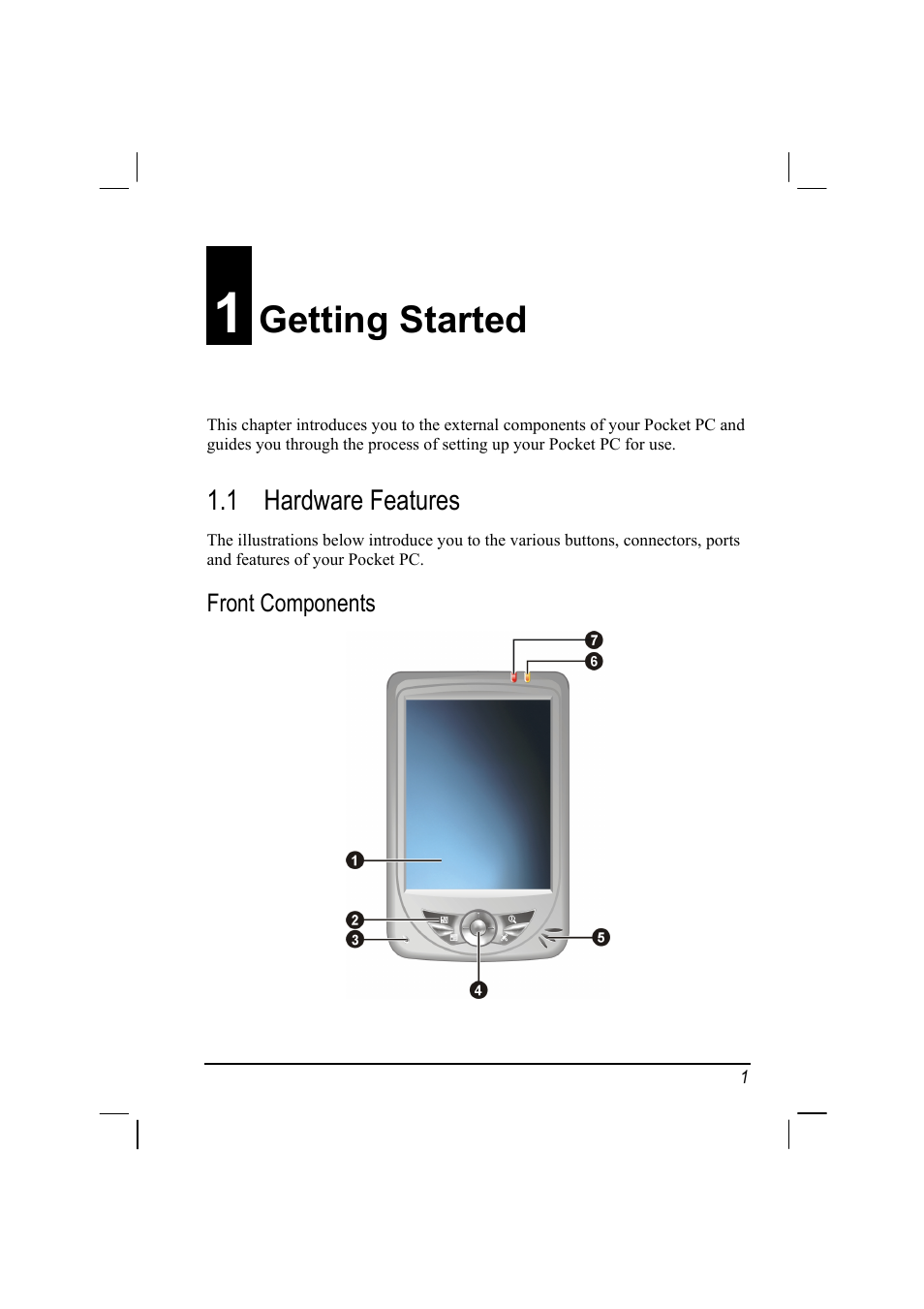 Getting started, Hardware features, Front components | 1 getting started | Mio 168 User Manual | Page 11 / 119