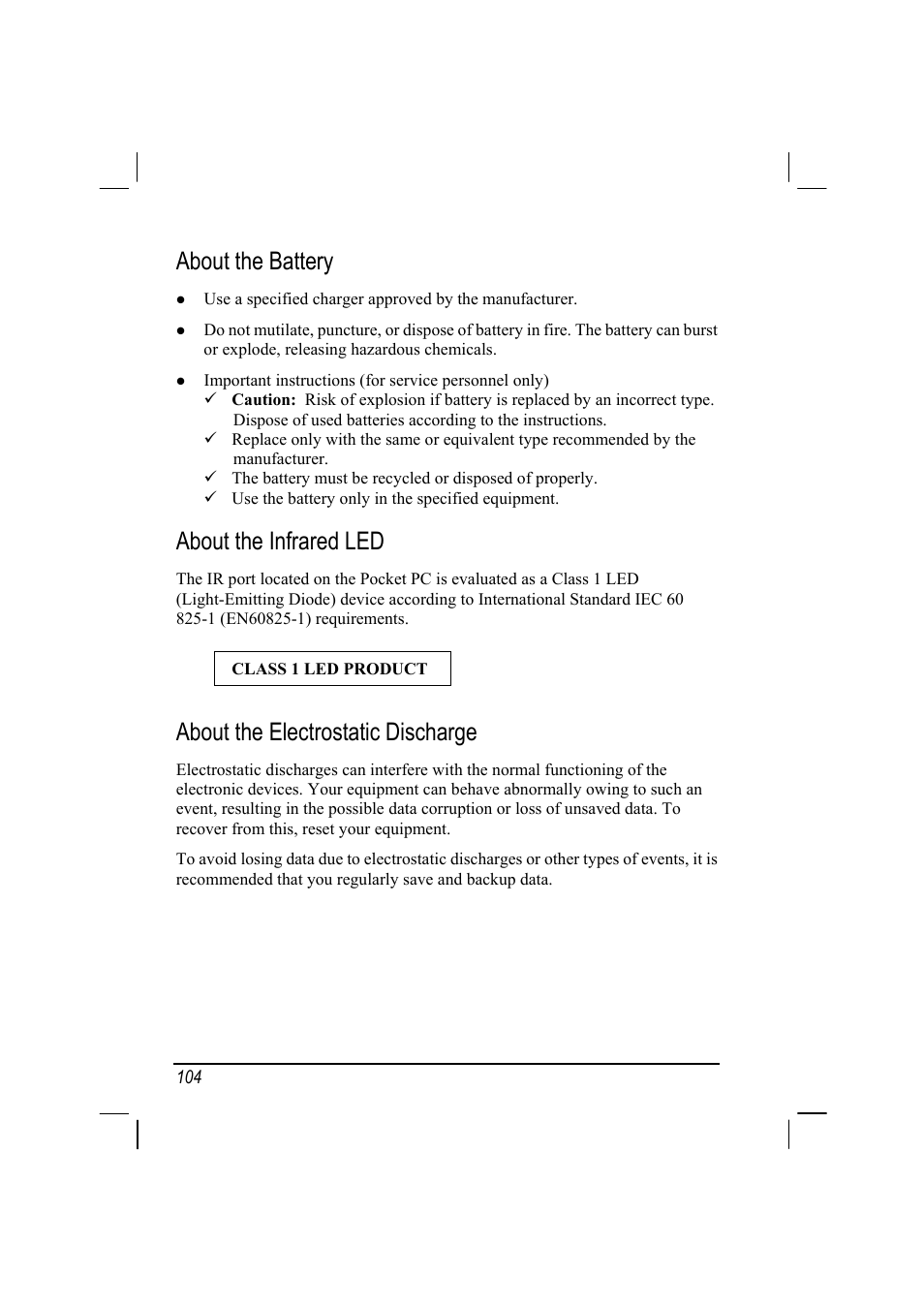 About the battery, About the infrared led, About the electrostatic discharge | Mio 168 User Manual | Page 114 / 119