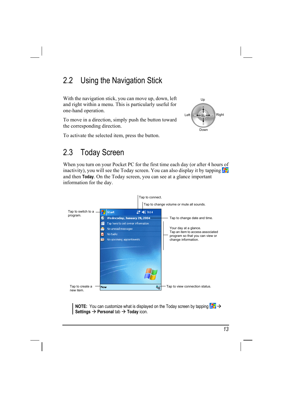 Using the navigation stick, Today screen, 2 using the navigation stick | 3 today screen | Mio 168 User Manual | Page 23 / 119