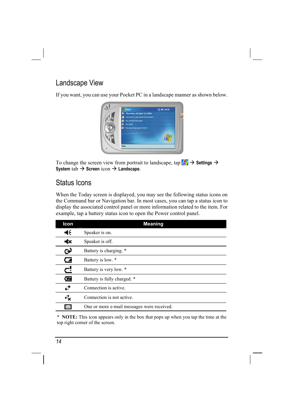 Landscape view, Status icons | Mio 168 User Manual | Page 24 / 119