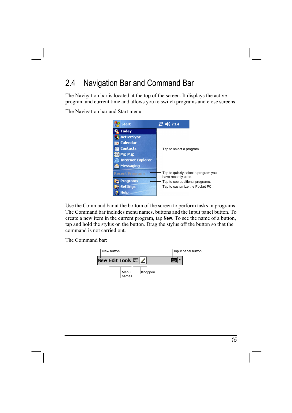 Navigation bar and command bar, 4 navigation bar and command bar | Mio 168 User Manual | Page 25 / 119