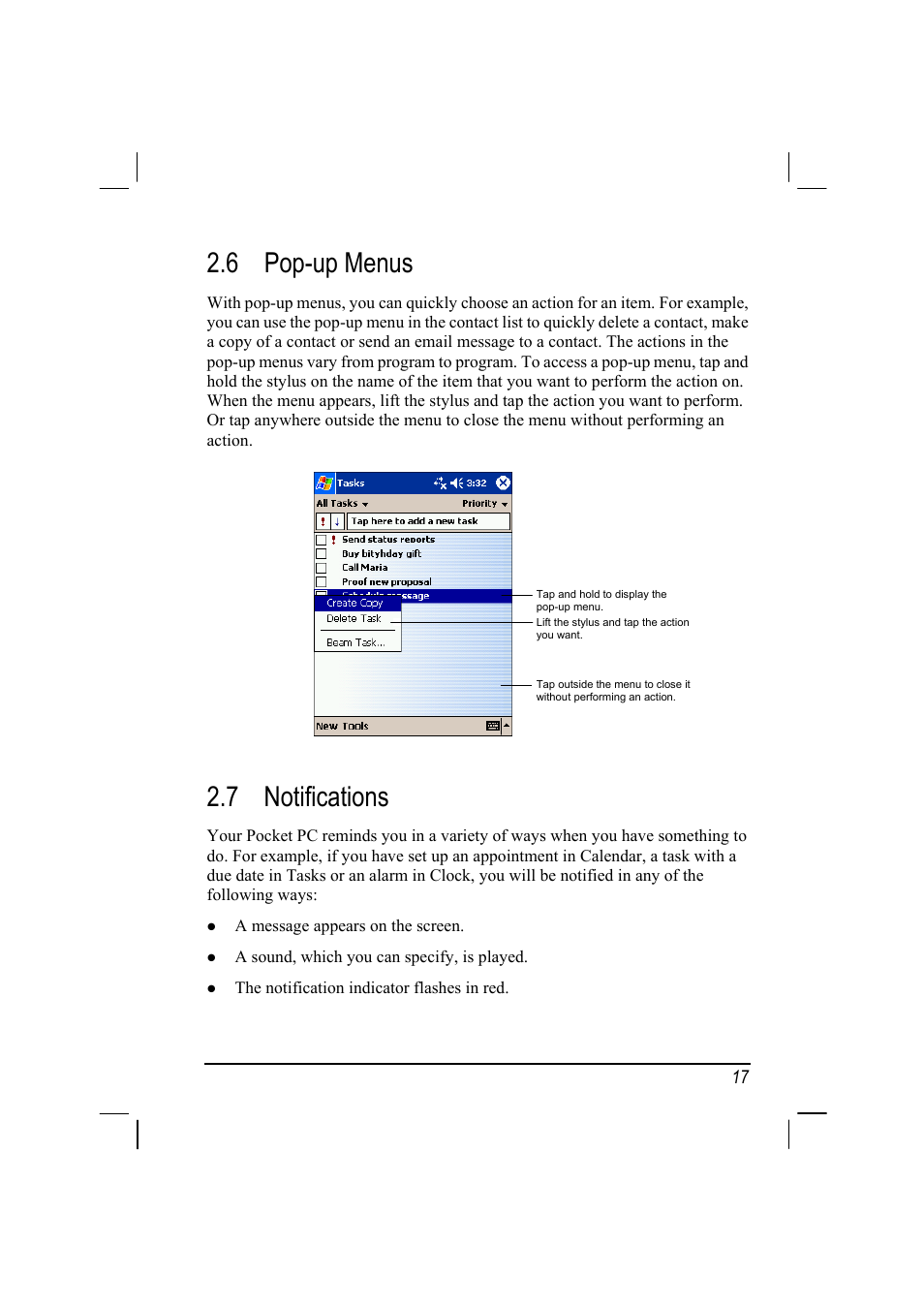 Pop-up menus, Notifications, 6 pop-up menus | 7 notifications | Mio 168 User Manual | Page 27 / 119