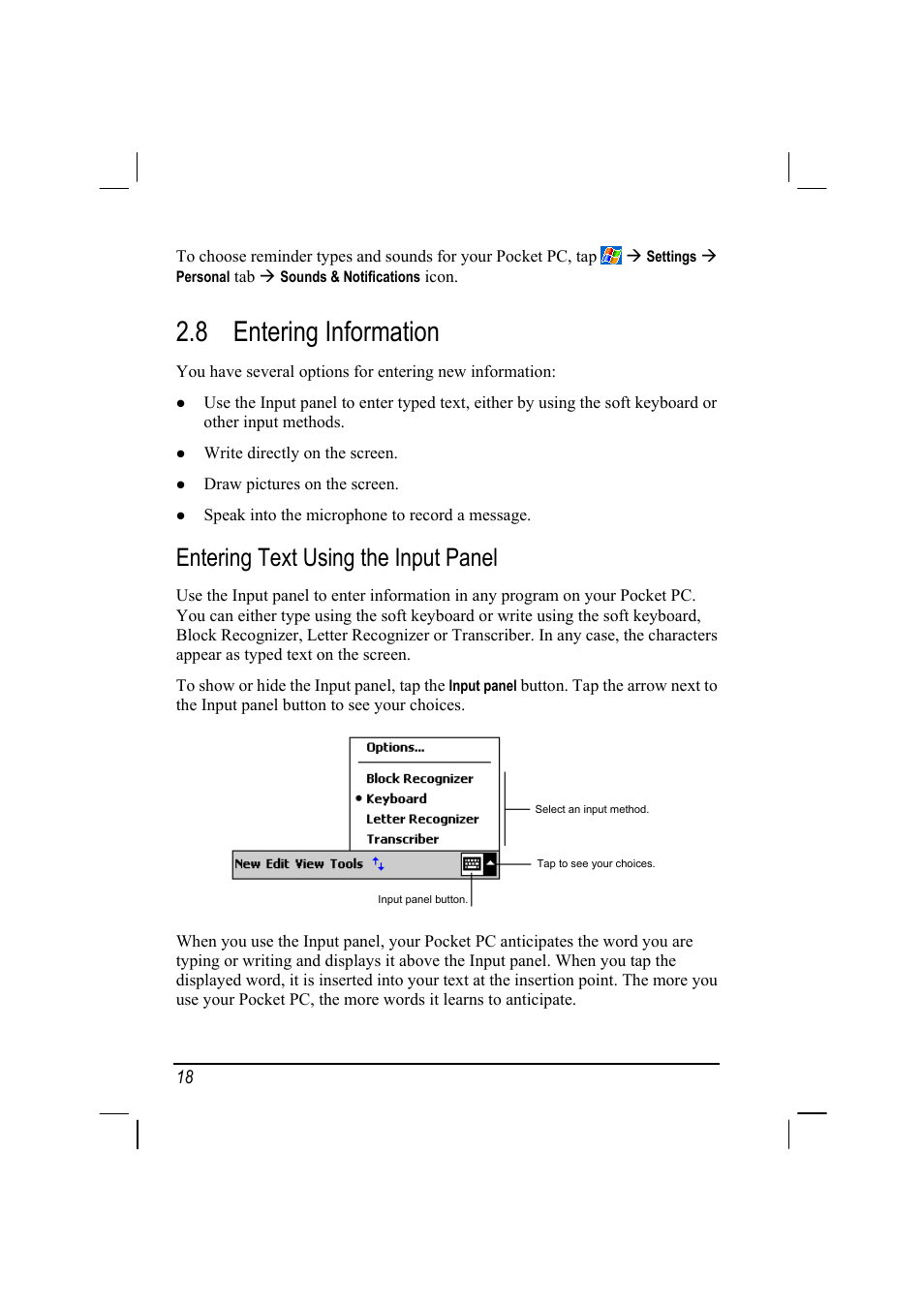 Entering information, Entering text using the input panel, 8 entering information | Mio 168 User Manual | Page 28 / 119