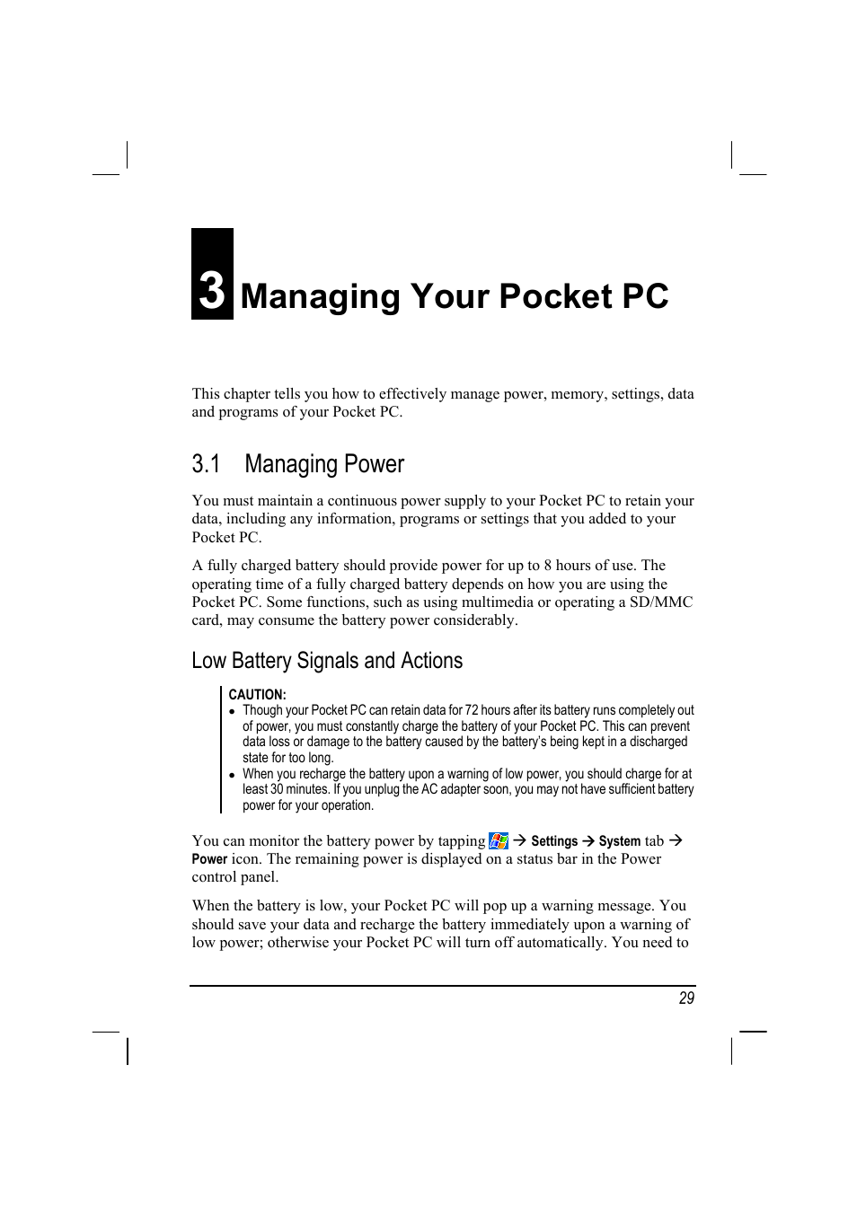 Managing your pocket pc, Managing power, Low battery signals and actions | 3 managing your pocket pc, 1 managing power | Mio 168 User Manual | Page 39 / 119