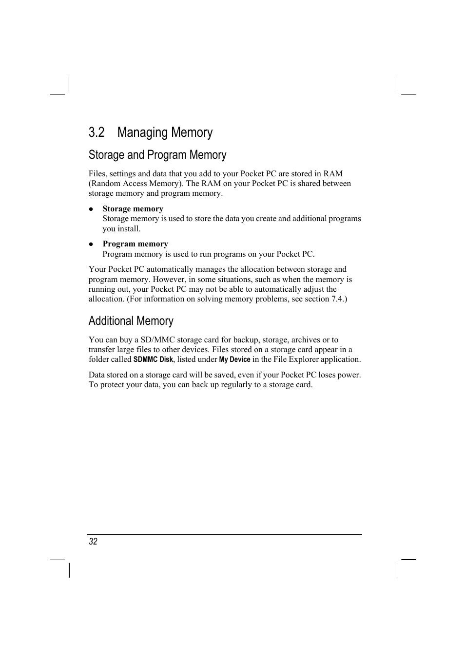 Managing memory, Storage and program memory, Additional memory | Mio 168 User Manual | Page 42 / 119