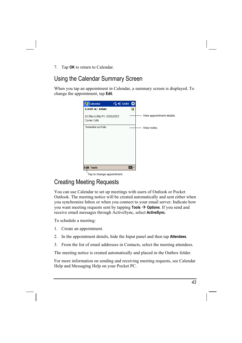 Using the calendar summary screen, Creating meeting requests | Mio 168 User Manual | Page 53 / 119