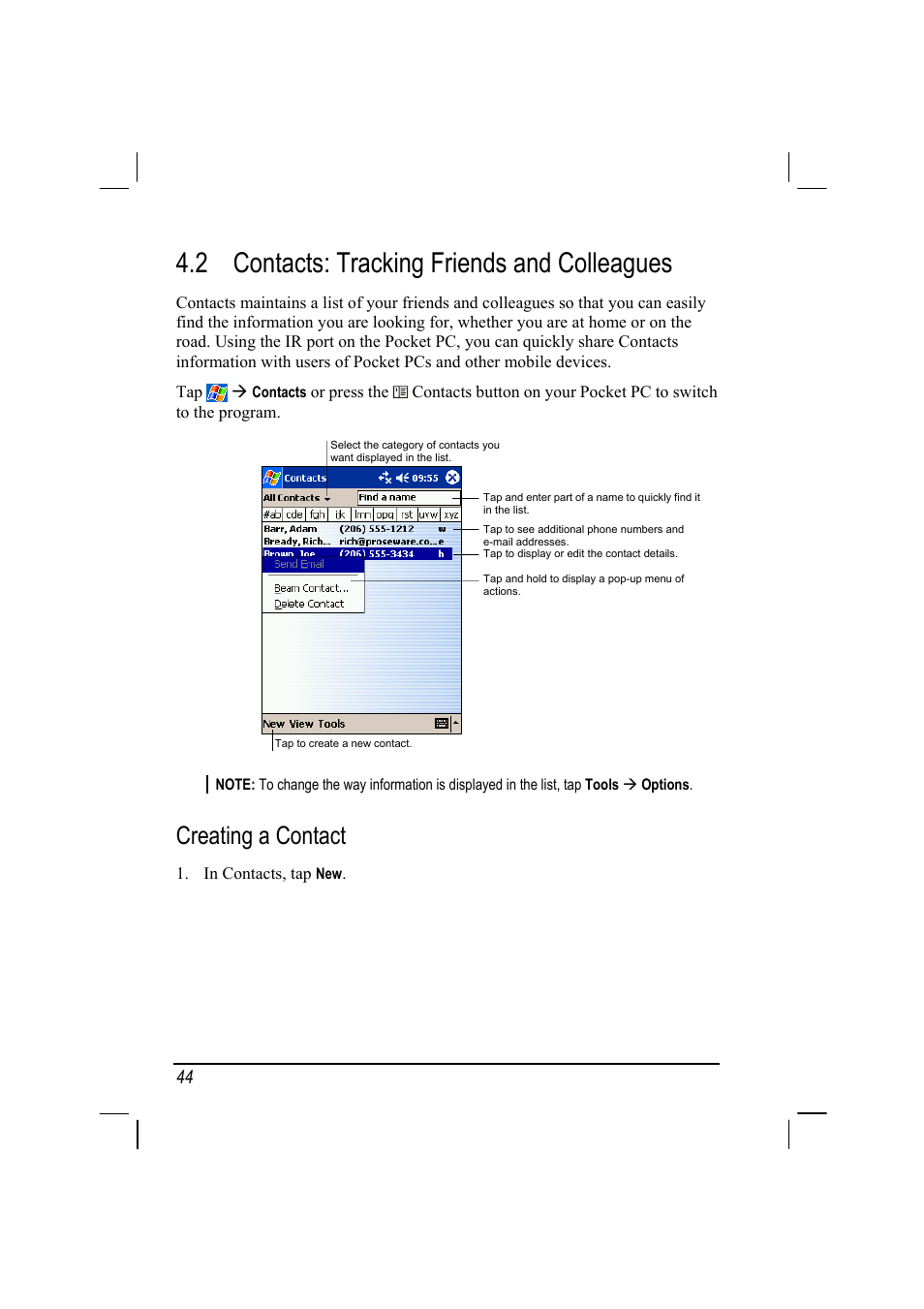 Contacts: tracking friends and colleagues, Creating a contact, 2 contacts: tracking friends and colleagues | Mio 168 User Manual | Page 54 / 119