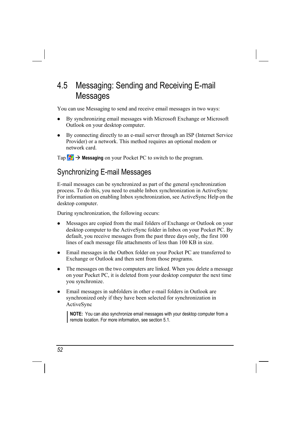 Messaging: sending and receiving e-mail messages, Synchronizing e-mail messages, 5 messaging: sending and receiving e-mail messages | Mio 168 User Manual | Page 62 / 119