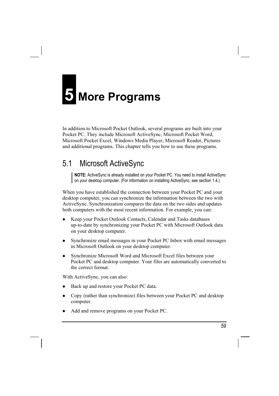 More programs, Microsoft activesync, 5 more programs | 1 microsoft activesync | Mio 168 User Manual | Page 69 / 119