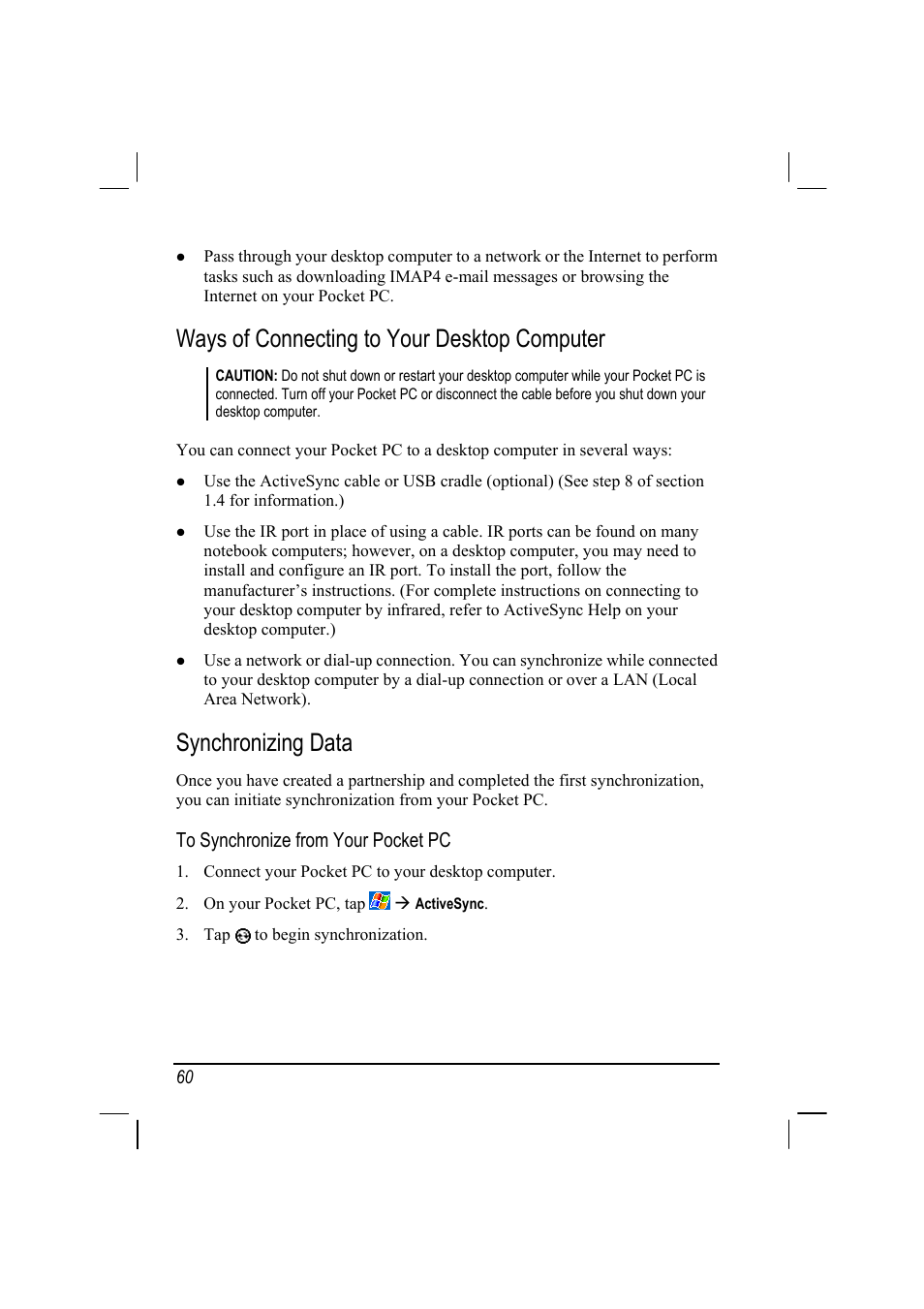 Ways of connecting to your desktop computer, Synchronizing data | Mio 168 User Manual | Page 70 / 119