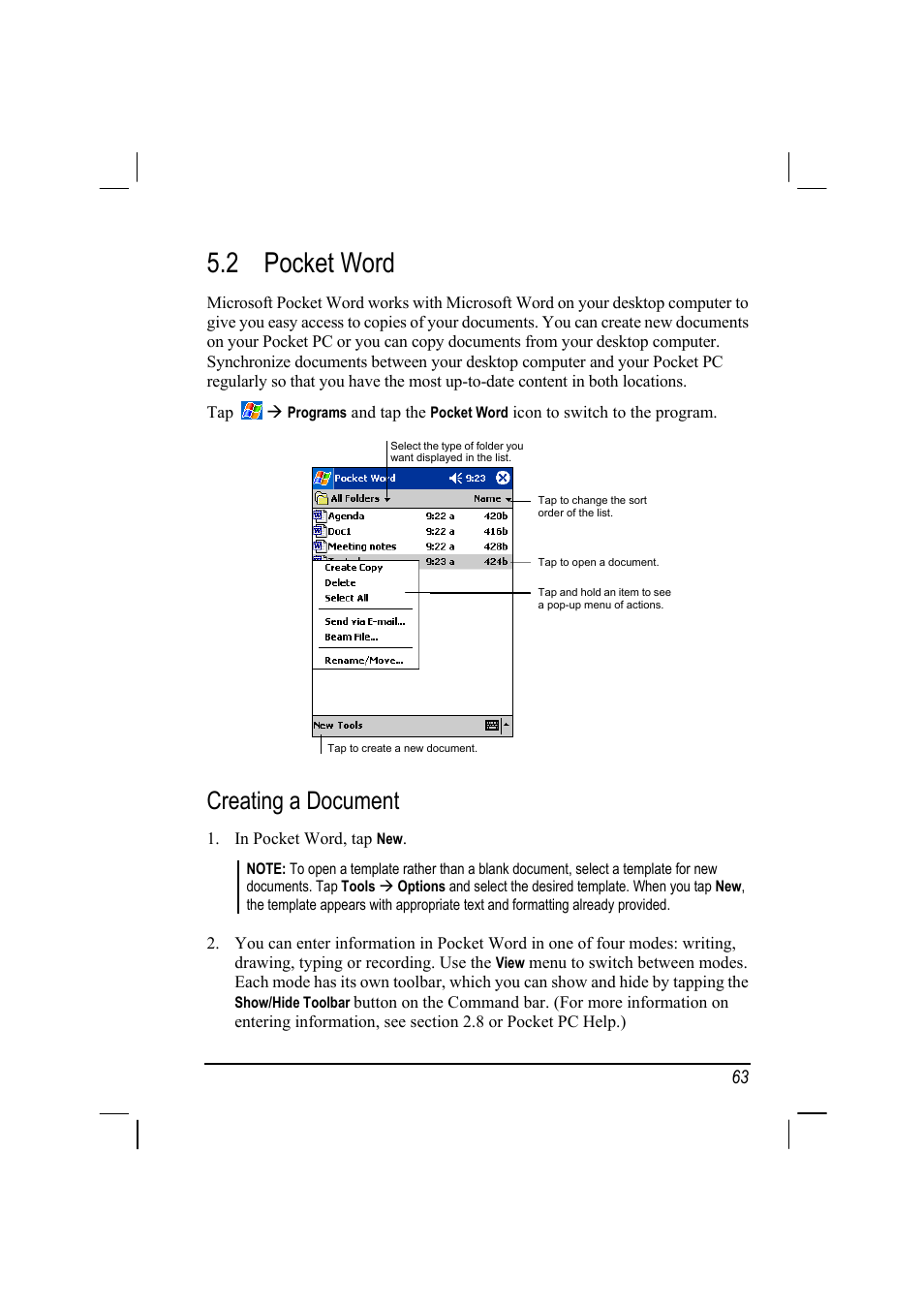 Pocket word, Creating a document, 2 pocket word | Mio 168 User Manual | Page 73 / 119