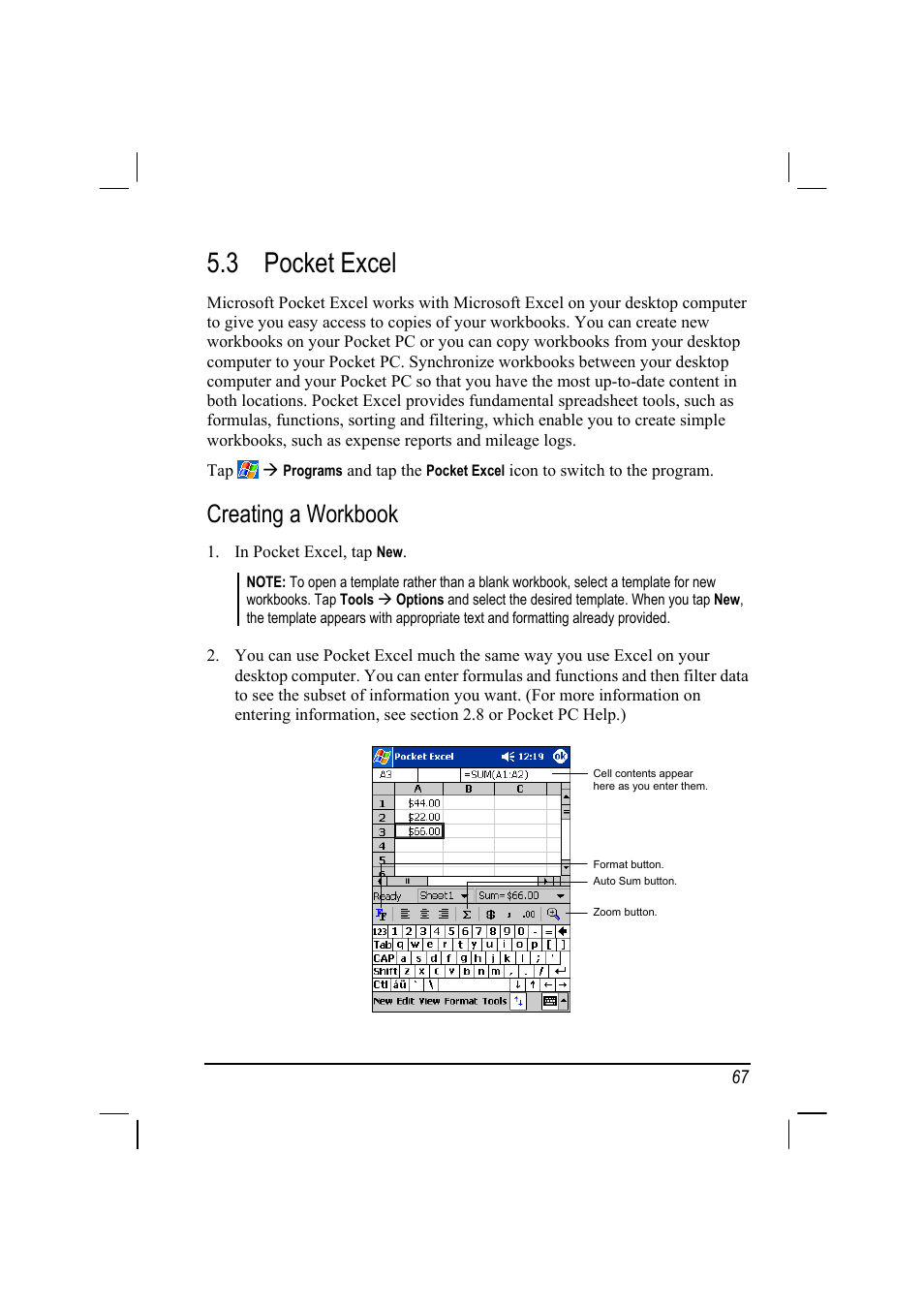 Pocket excel, Creating a workbook, 3 pocket excel | Mio 168 User Manual | Page 77 / 119